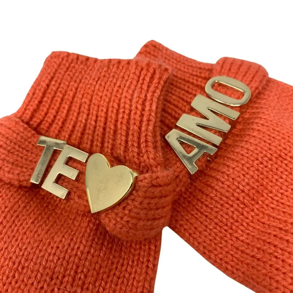 BCBGeneration Knit Gloves Womens One Size Orange Te Amo Gold Tone Metal Detail